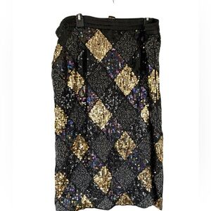 Vtg Silk/Rayon Patchwork Midi Skirt L Heavy Beading/Sequin’s Gold Black Silver